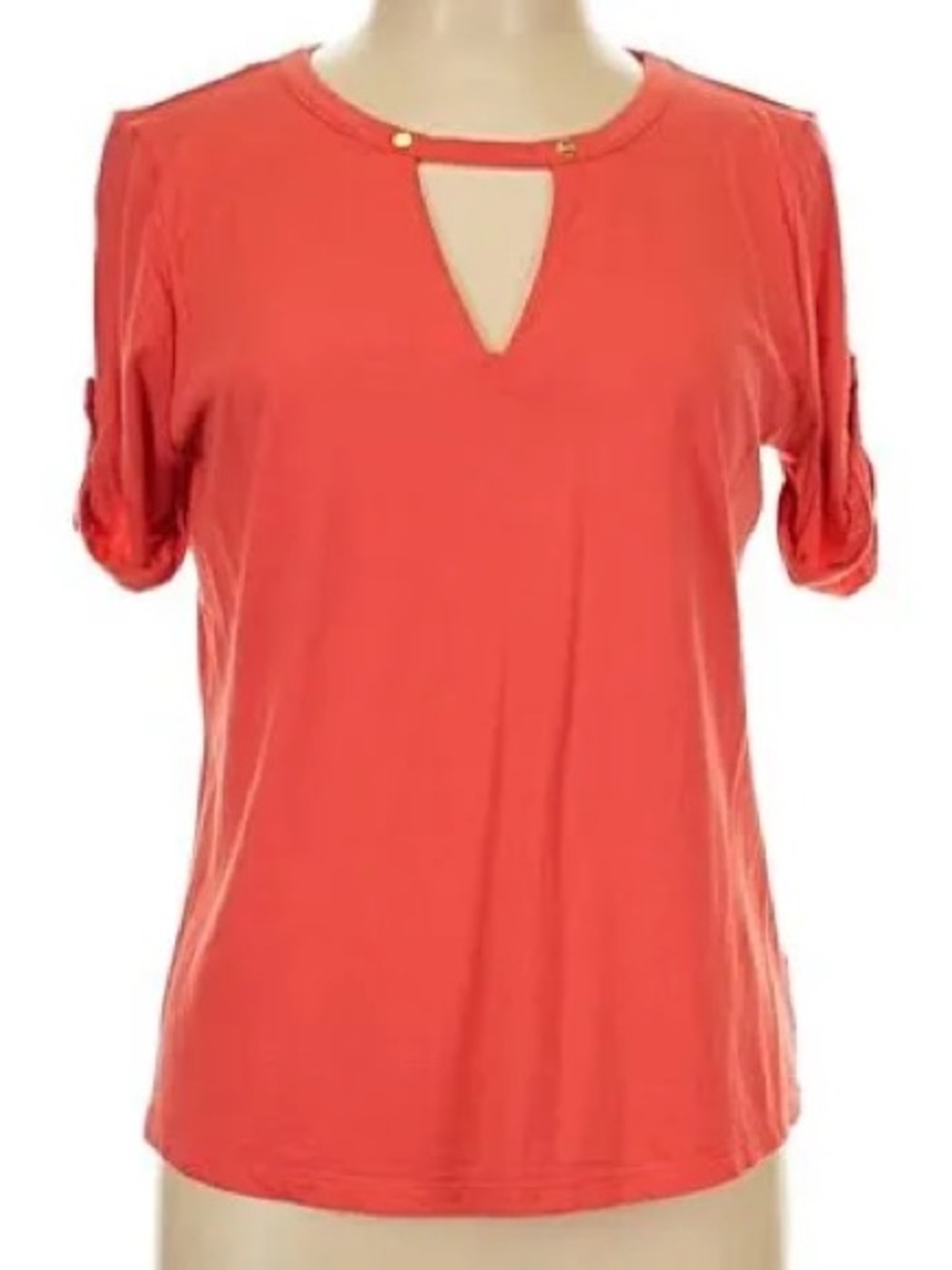 Michael Kors Keyhole Front Gold Logo Buttons Orange Short Sleeve Top Blouse